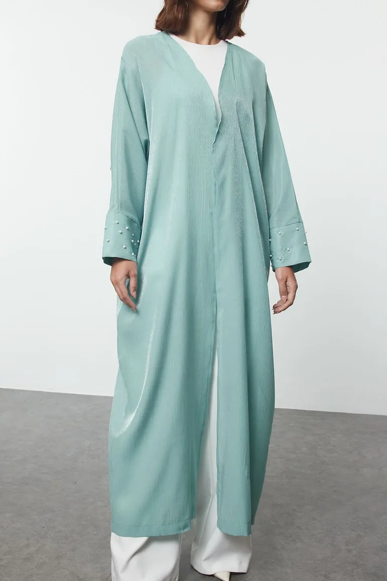 Mint Pearl Detailed Woven Shiny Fabric Cap & Abaya - 4