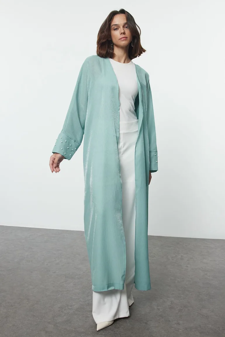 Mint Pearl Detailed Woven Shiny Fabric Cap & Abaya