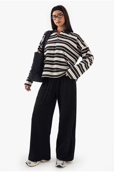 DSGN Studio Embroidered Rib Wide Leg Trouser - black