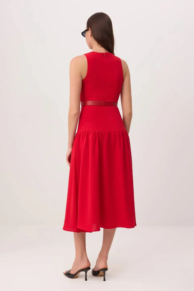 Red Belt Piece Sleeveless Maxi Woven Dress - 3