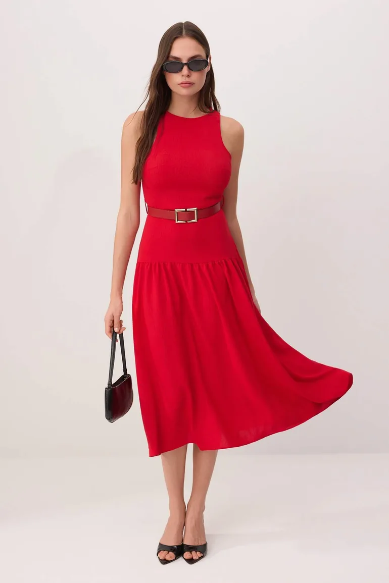 Red Belt Piece Sleeveless Maxi Woven Dress