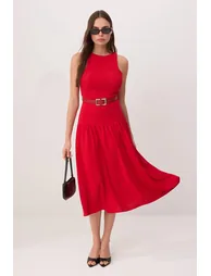 Red Belt Piece Sleeveless Maxi Woven Dress