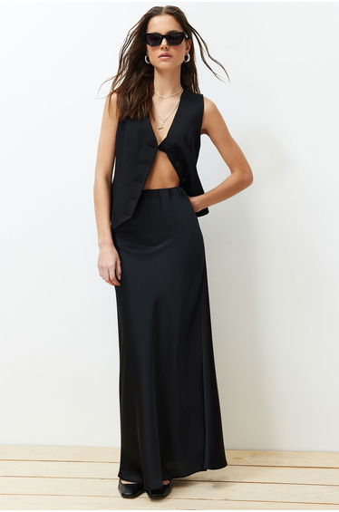 Black Satin Fish Shape Maxi Length Woven Skirt