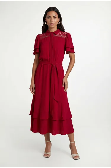 Petite Lace Insert Ruffle Sleeve Midi Dress