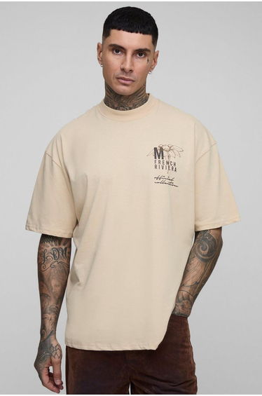 Tall Oversized Extended Neck Monaco Floral Printed T-Shirt - sand