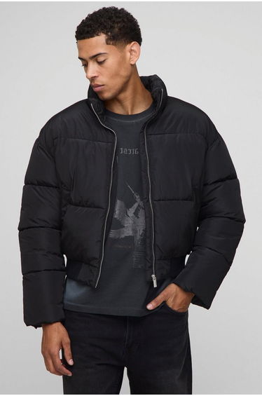 Boxy Funnel Neck Bomber Hem Puffer Jacket - black