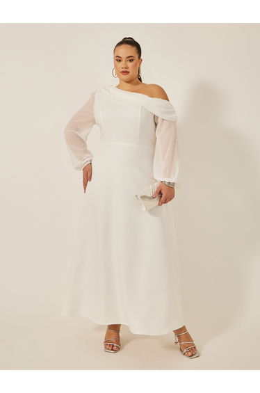 Plus Size Asymmetric Neckline Balloon Sleeve A-Line Maxi Dress