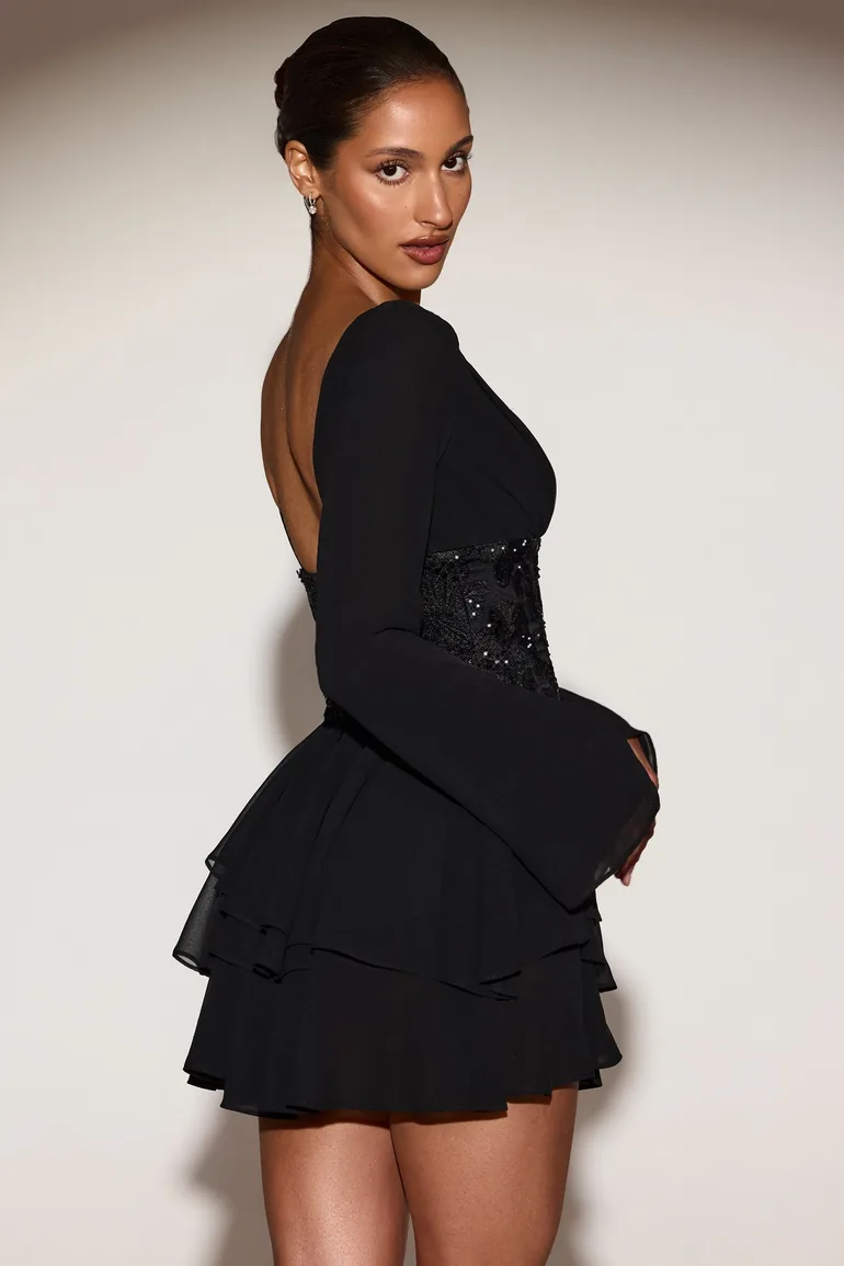 chinese dress ladies Zapaka Women Black Corset Detachable Long Sleeves A-Line Homecoming Dress Tulle Short Party Dress, Black / US24W