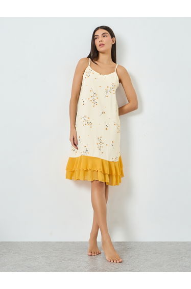 Yellow Floral Print Ruffle Hem Strappy Nightdress