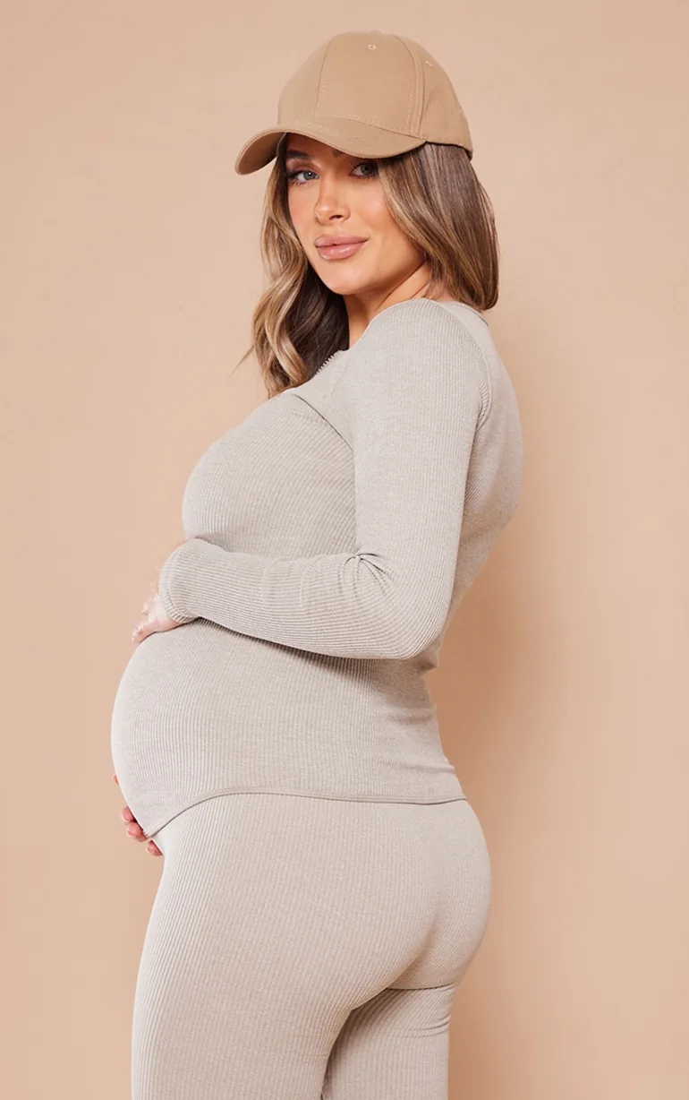 Maternity Moss Sand Ribbed Zip Up Cardigan - 1