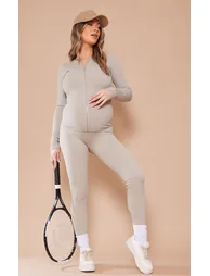 Maternity Moss Sand Ribbed Zip Up Cardigan - 2