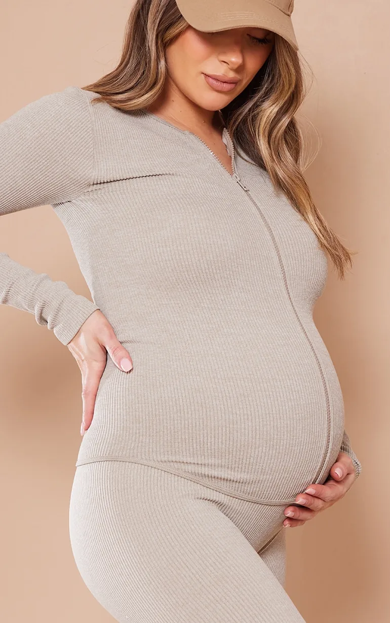 Maternity Moss Sand Ribbed Zip Up Cardigan - 3