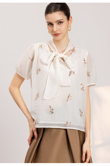 Tie-Neck Sequined Embroidered Leaf Fringe Top in Ivory