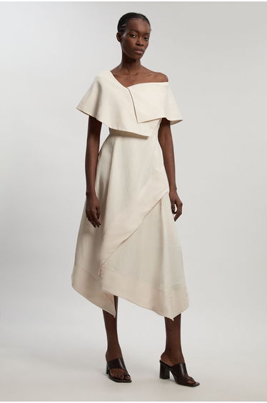 Premium Viscose Linen Tailored Asymmetric Neck Full Skirted Midi Dress