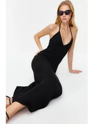 Black Midaxi Length Ribbed Halter Neck Fitted Dress - 2
