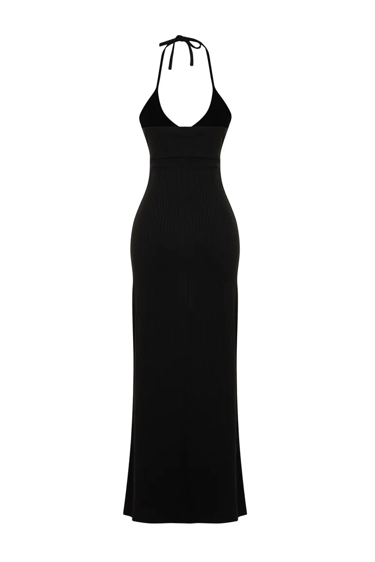 Black Midaxi Length Ribbed Halter Neck Fitted Dress - 6