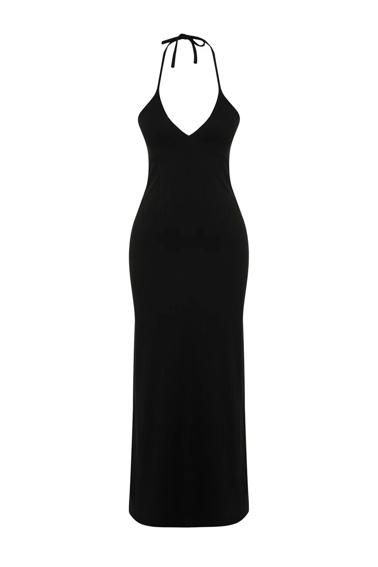 Black Midaxi Length Ribbed Halter Neck Fitted Dress - 5