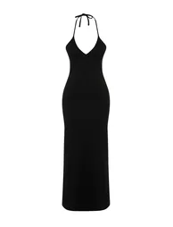Black Midaxi Length Ribbed Halter Neck Fitted Dress - 5
