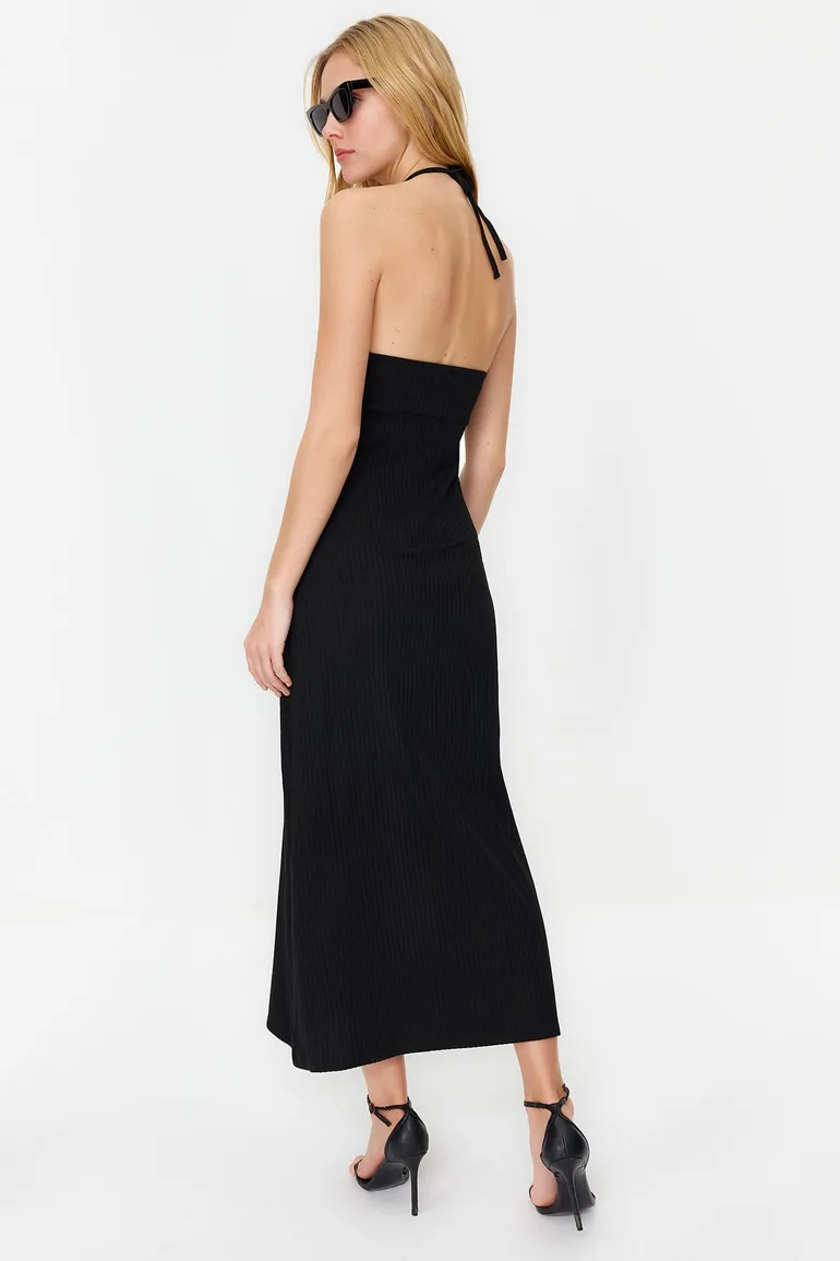 Black Midaxi Length Ribbed Halter Neck Fitted Dress - 4