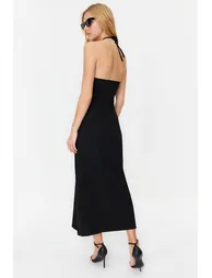 Black Midaxi Length Ribbed Halter Neck Fitted Dress - 4