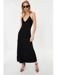 Black Midaxi Length Ribbed Halter Neck Fitted Dress