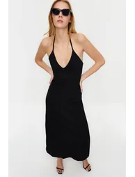 Black Midaxi Length Ribbed Halter Neck Fitted Dress - 1