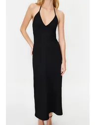 Black Midaxi Length Ribbed Halter Neck Fitted Dress - 3