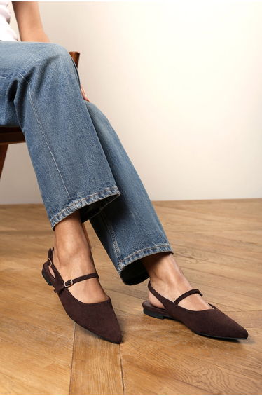 Estrella Pointed Toe Mary Jane Open Back Ballet Flats In Brown Suede