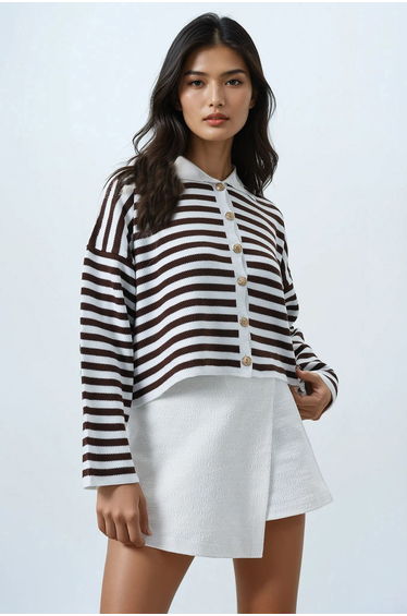 Women's Brown Polo Collar Metal Buttoned Striped Patterned Short Cardigan