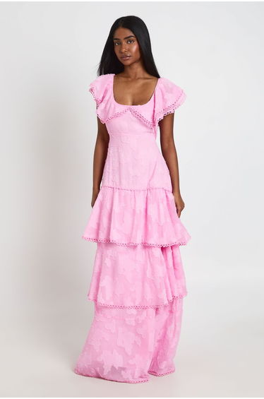 Occasion Burnout Open Back Ruffle Detail Maxi Dress - pastel pink