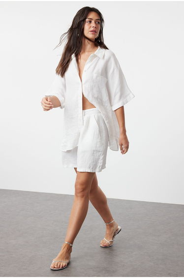 White 100% Linen Pleated High Waist Shorts