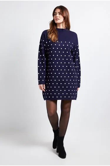 Polka Dot Knitted Funnel Neck Dress
