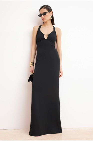 Black Plain Woven Finike Maxi Evening Dress & Homecoming Dress
