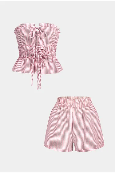 Stripes Print Ruffle Tie-Up Tube Top And Shirred Waistband Shorts Set