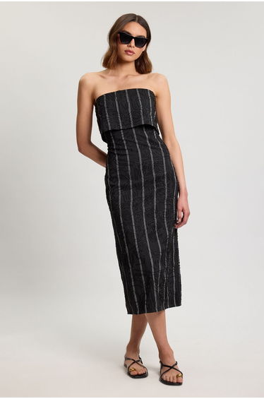 Textured Pinstripe Bandeau Tailored Midi Dress