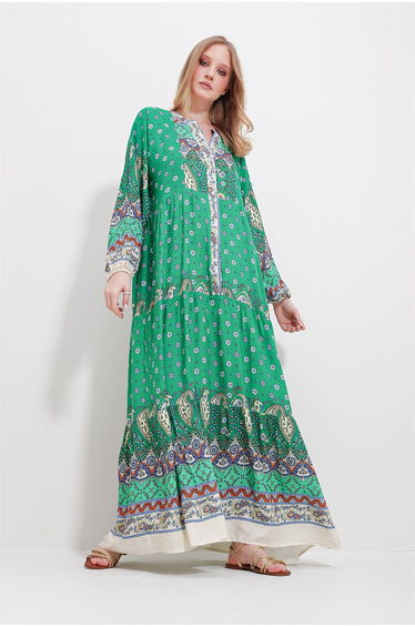 Women's Green Large Collar Shawl Patterned Maxi Length Dress