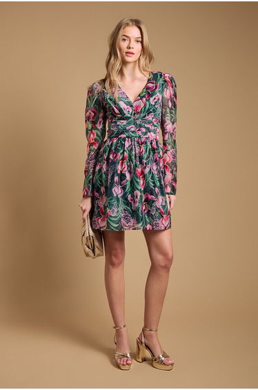 Structured Fit and Flare Pleat Detail Mini Dress