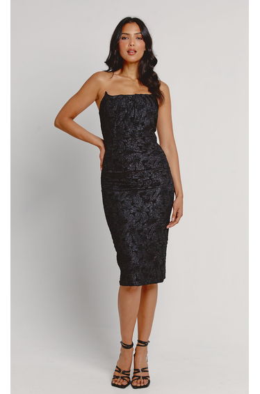 Black Pleat Textured Midi Dress
