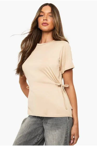 Ribbon Tie Waist T-Shirt - stone