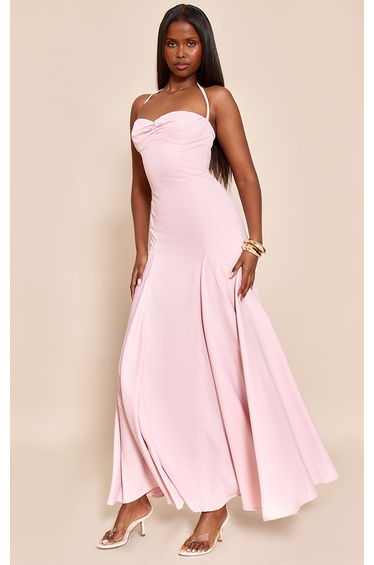 Blush Woven Halterneck Ruched Bust Detail Maxi Dress