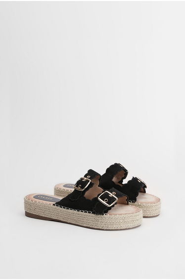 Bridget Faux Suede Scallop Detail Buckle Footbed Sandals