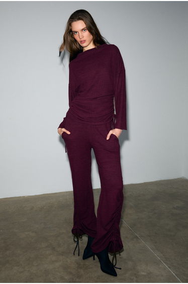 GRIMELANGE KANDIAS Women's Soft and Stretchy Textured Burgundy Sweatpants with Functional Side Drawstrings