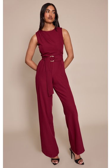 Burgundy Woven Crew Neck Belt Wide Leg Jumpsuit