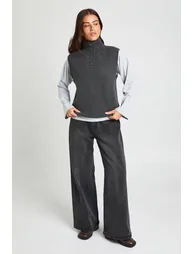 High Neck Button Detail Sleeveless Vest - grey - 1