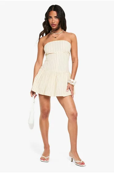 Petite Stripe Linen Look Button Down Pepum Mini Dress - ecru