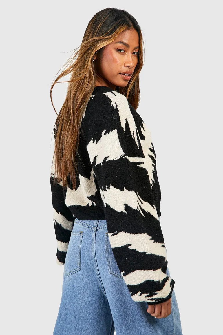 Wide Animal Stripe Soft Knit Wrap Jumper - black - 1