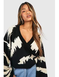 Wide Animal Stripe Soft Knit Wrap Jumper - black - 3