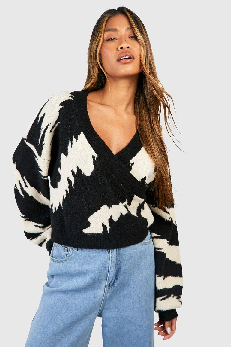Wide Animal Stripe Soft Knit Wrap Jumper - black