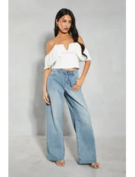 Textured Satin Pleated Bust Frill Bardot Top - 1