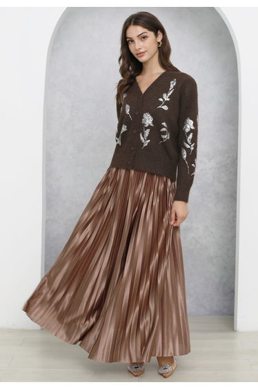 Resplendent Floral Sequin Button Knit Cardigan in Chocolate